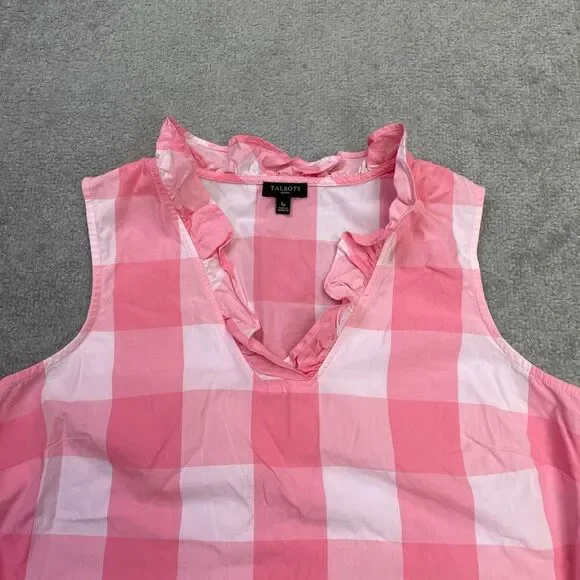 Talbots Womens Check Print Ruffled V-neck Sleeveless Top Pink White Small 4-6 - Picture 2 of 7